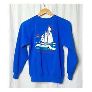 VTG 90s Blue Nautical Wooden Boat Festival Graphic Crewneck Sweatshirt Sz S